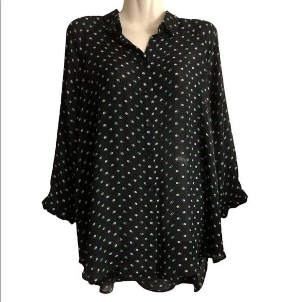 Cabi top Sz S blue green semi sheer‎ flowy oversized Ditsy Print tunic Office